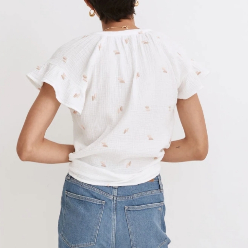 MADEWELL Embroidered Lightspun Ruffle Sleeve Henley Top White Neutral M - Picture 3 of 10